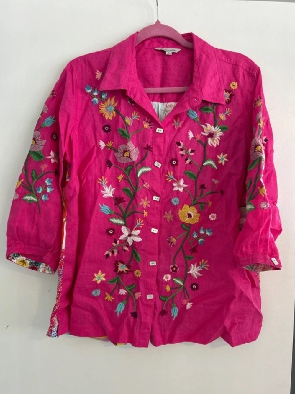 John Mark Pink Embroidered Floral Button-Front Women's Top